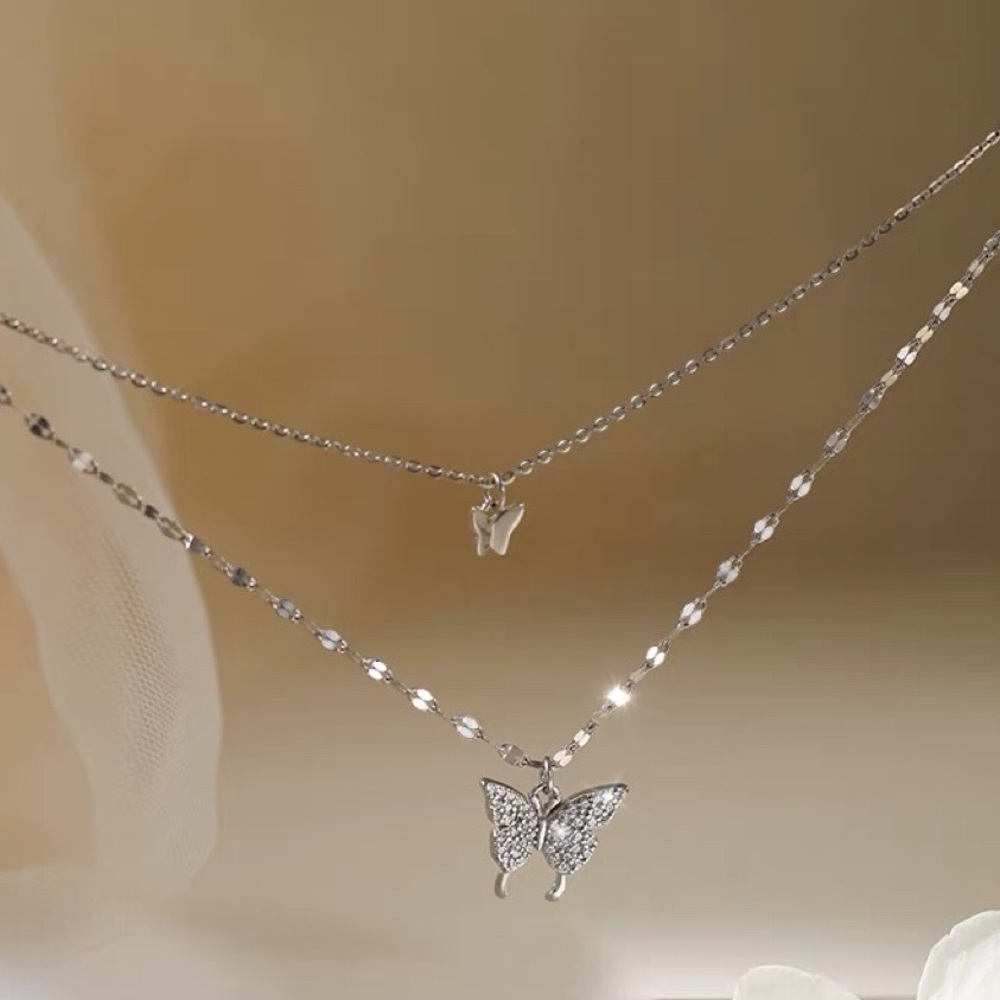 925 Silver Trendy Double-Deck Chain Butterfly Pendant Necklaces